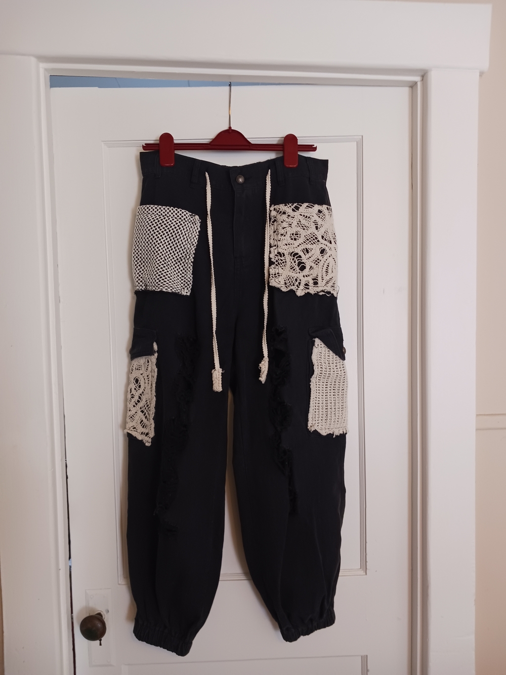 POL Black Pants with Silver Decorative Button and Cream Crochet Trim